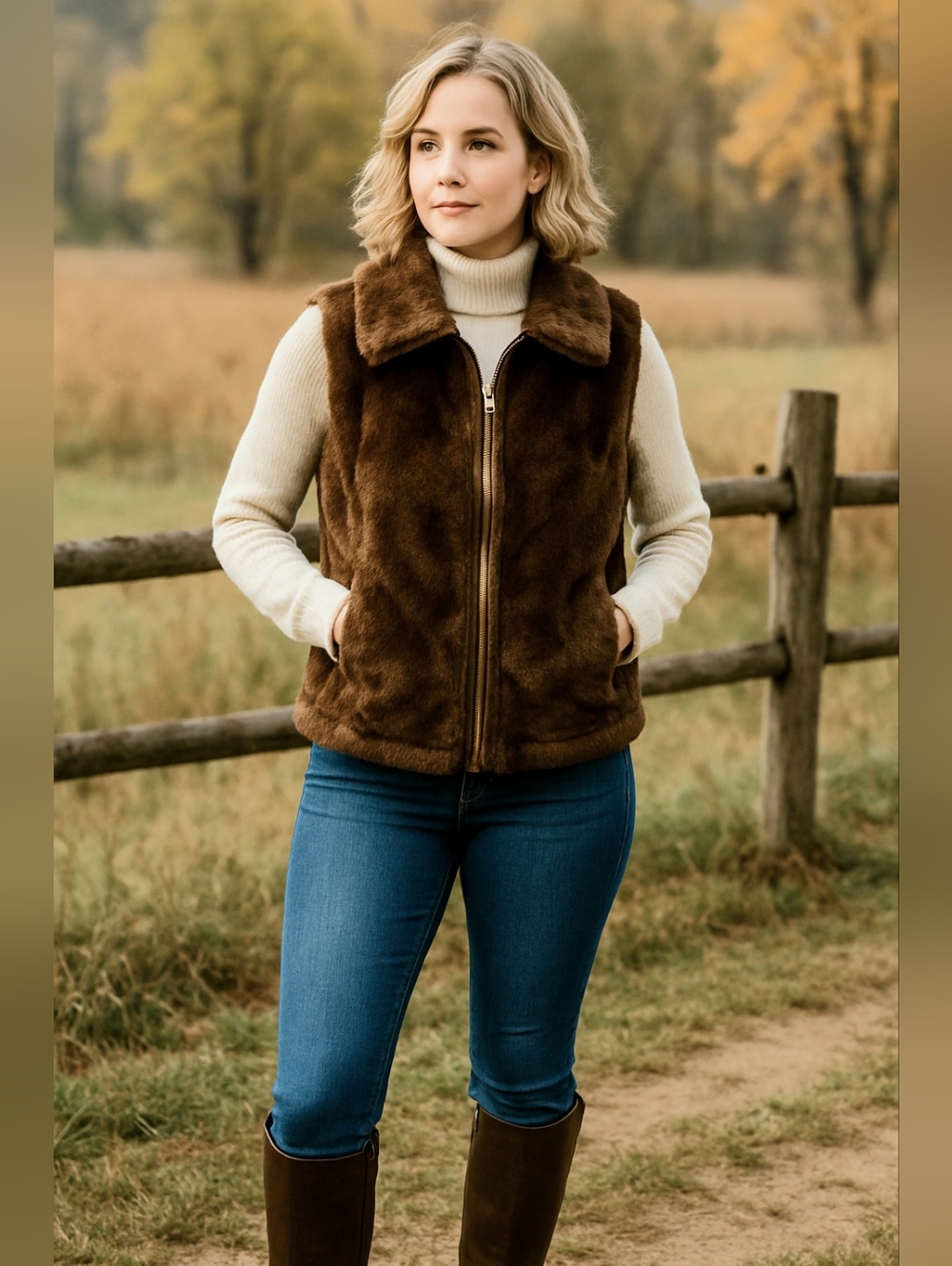 Calvin Klein Chocolate Faux Fur Vest with Gold Zip Cozy Old Money